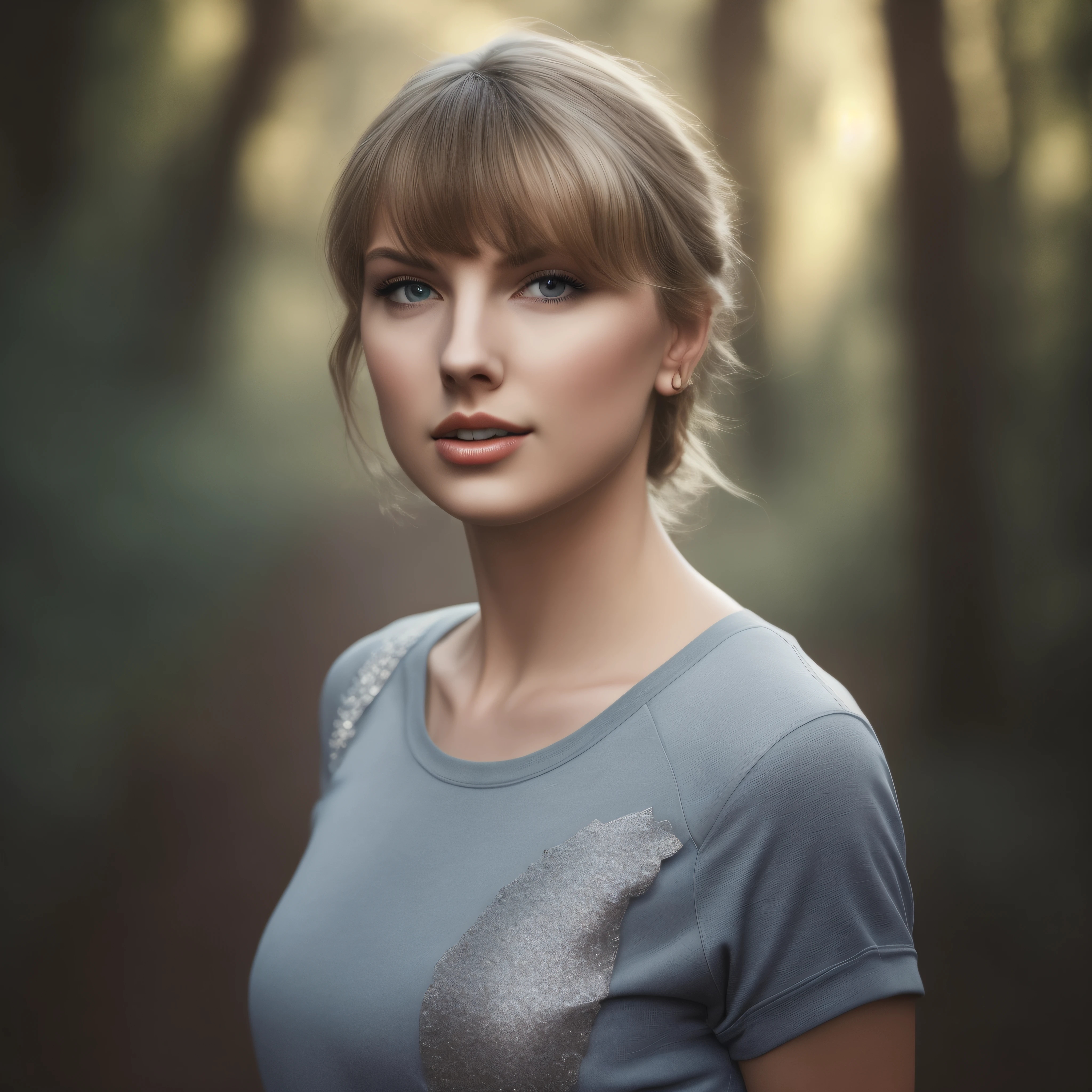 TaylorSwift, art by Reylia Slaby, photograph, Flirty Woman, Hiking, wearing Gray Raglan shirt with Metal details, Smirking, waning light, film grain, Fujifilm XT3, 35mm, <lora:TaylorSwiftSDXL:1>