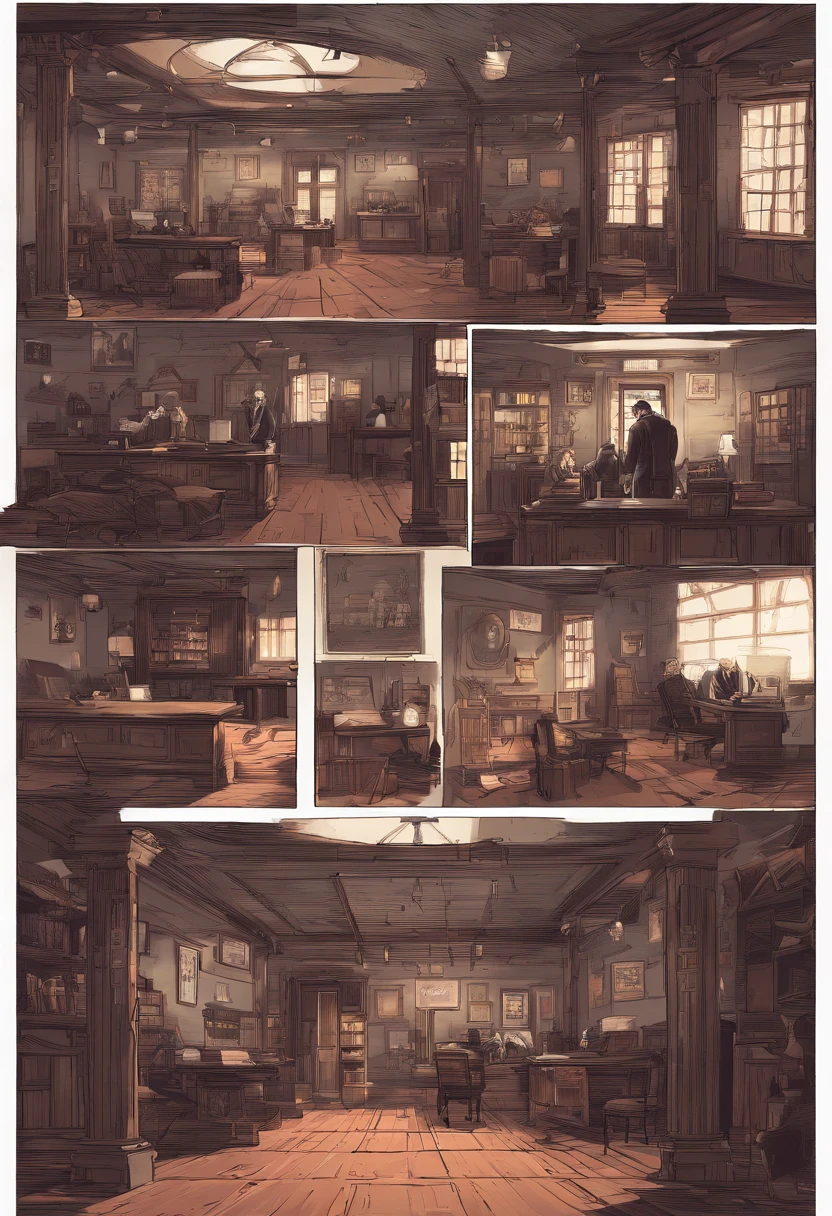 (best quality, 4k, Altas, master part:1.2), (Realistic:1.37), ultra-detalhado, Red dead redemption 2 estilo de arte, Detetive Pinkerton, Pinkerton detetive em um terno, cidade ocidental de Saint Denis em 1907, Quarto mal iluminado, six Pinkerton agents standing around a table, Office of Detective Pinkerton, Ternos pretos.Seis detetives Pinkerton, 6Homens,cena interior