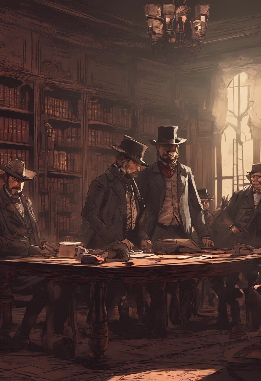 (best quality, 4k, Altas, master part:1.2), (Realistic:1.37), ultra-detalhado, Red dead redemption 2 estilo de arte, Detetive Pinkerton, Pinkerton detetive em um terno, cidade ocidental de Saint Denis em 1907, Quarto mal iluminado, six Pinkerton agents standing around a table, Office of Detective Pinkerton, Ternos pretos.Seis detetives Pinkerton, 6Homens,cena interior
