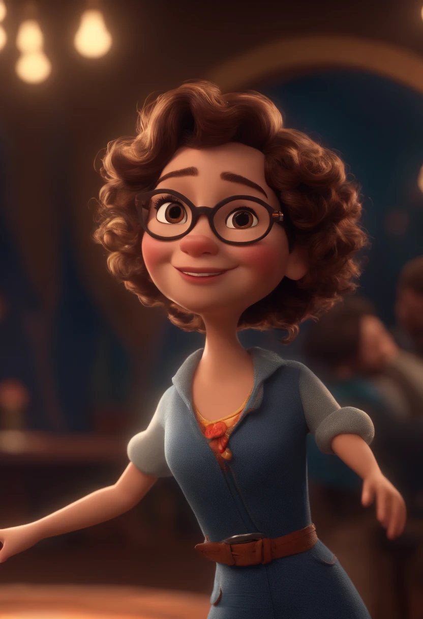 Pixar style image with 3D character white glasses brunette woman short curly hair dancing, Maquiagem Disney,Pescador, bonitinho, sorridente ,Close-up, Pixar, Disney, Cinema lighting,