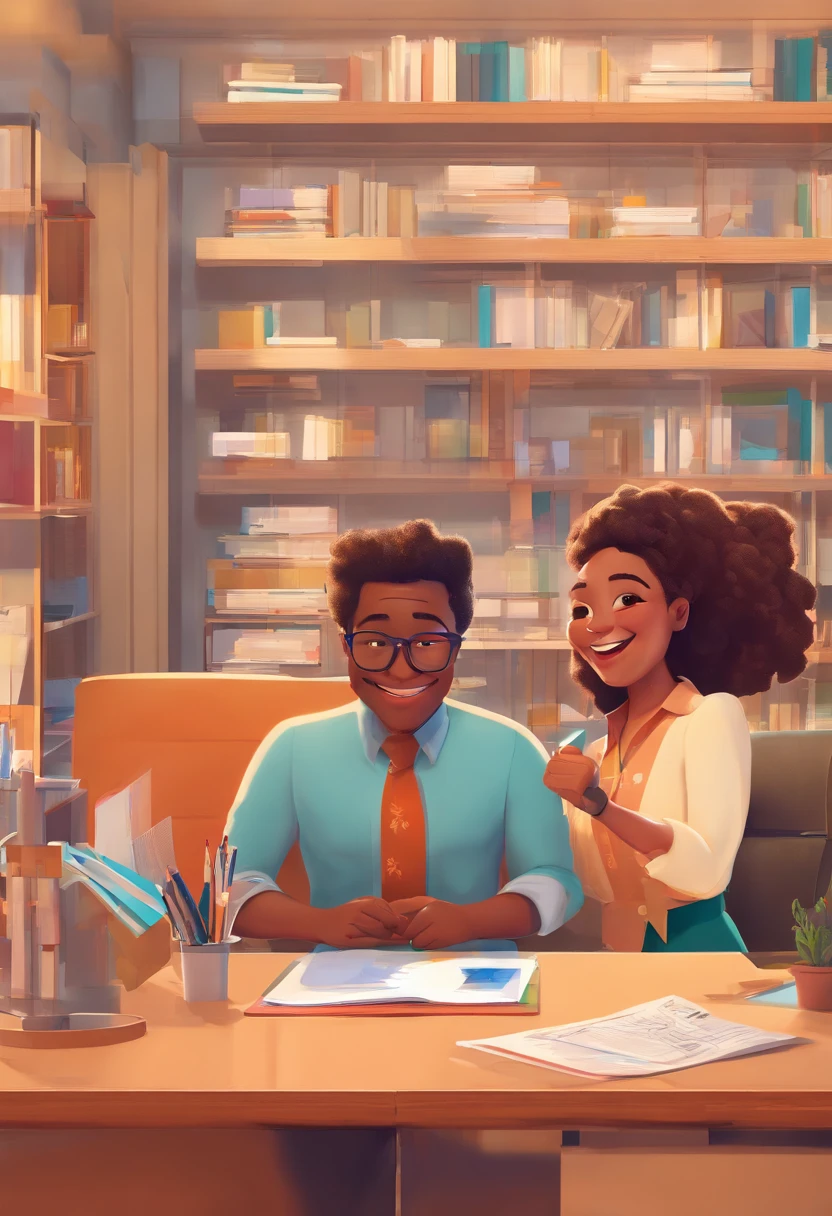 An illustration of an architecture firm, Spotlight on a man with indigenous characteristics, rechonchudo, Happy is a cheerful woman in round rimless glasses - the man's skin is brown, and the man's hair is black and straight, The woman's skin is white, e o cabelo da mulher longo e bem cacheada, They're a brilliant office, cada um com um sorriso no rosto, e compartilhar um momento especial caracterizado pelo amor ao trabalho de arquitetos, Insights. Illustrate this scene from a perspective where they are facing the camera, Smiling and Showing Your Connection. Desenvolva esta arte em Full HD, Focus on your cinematic touch, Estilo Disney Pixar Animations