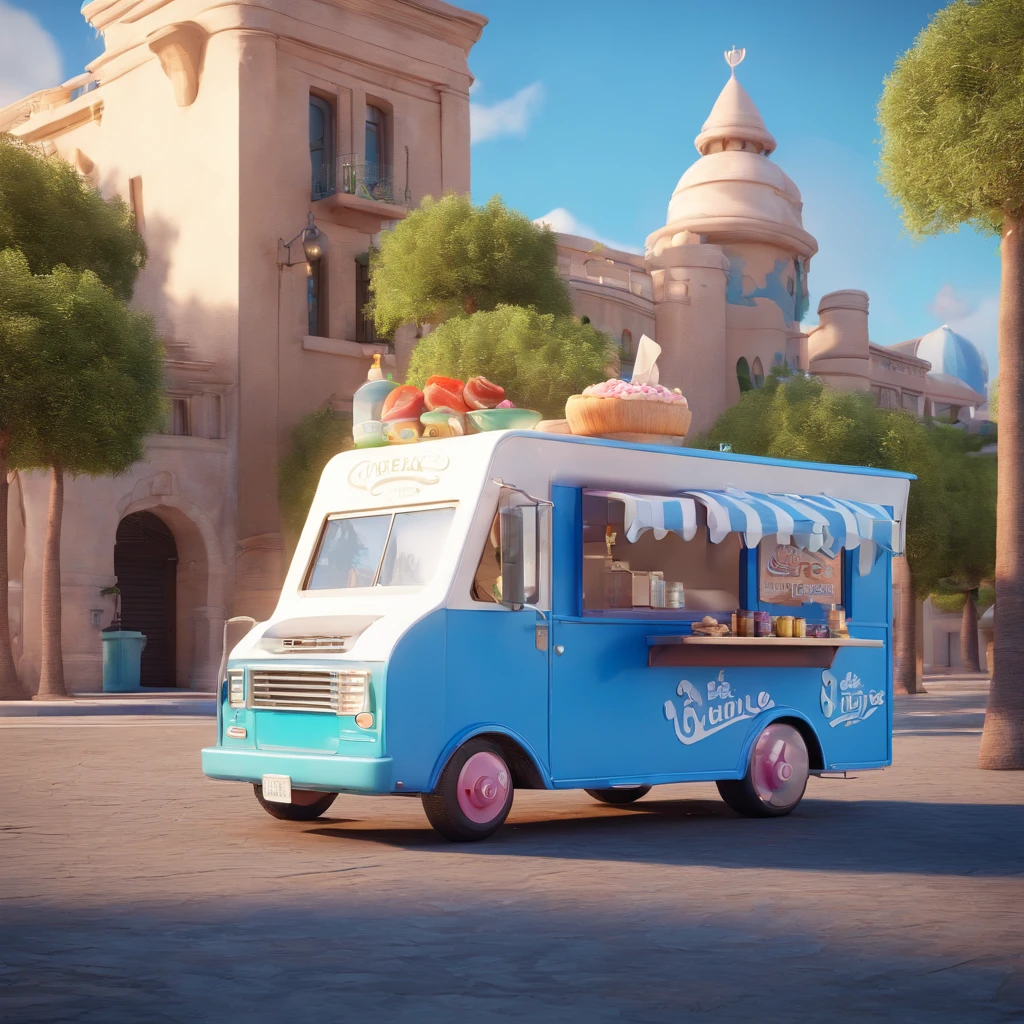 Trailer azul food truck sorvete estilo Disney Pixar, em 3d"