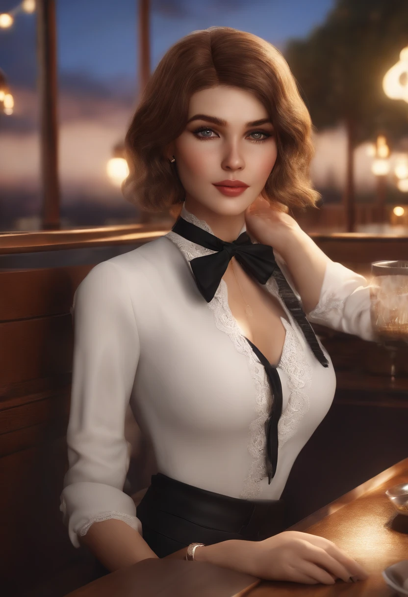 (8k, best quality, master part:1.2), (SFW:1.3), (Realistic, photo-realistic:1.37), ultra-detalhado, 1 girl,fofo, sozinho,beautiful detailed sky,detailed café,Noite,sentado,dating,(nariz blush),(sorrir:1.1),(boca fechada) medium breasts,belos olhos detalhados,(camisa de gola:1.1), bowtie,saia plissada,(short hair:1.2),cabelos flutuantes