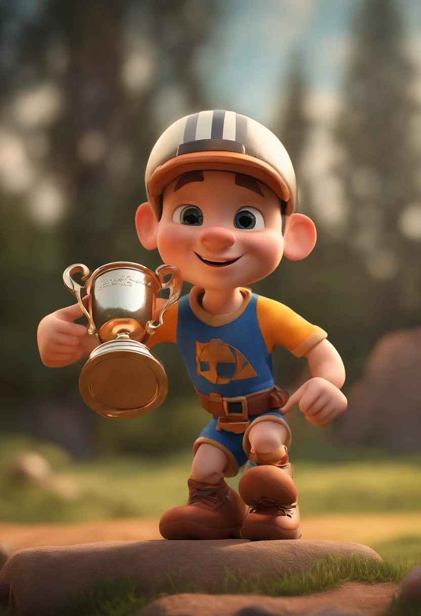 Cartoon character of a young football player lifting a cup just like the Champions League, He's kissing the trophy, esta com um uniforme de futebol na cor preta, esta de lado , Personagem 3D, Personagem 3D, 3d rendering stylized, 3 d character render, personagem de desenho animado, Personagem de close up, Pose de personagem, (Estilo Pixar) (master part:1.2) (Bokeh) (best quality) (pele detalhada) (textura detalhada) (8k)