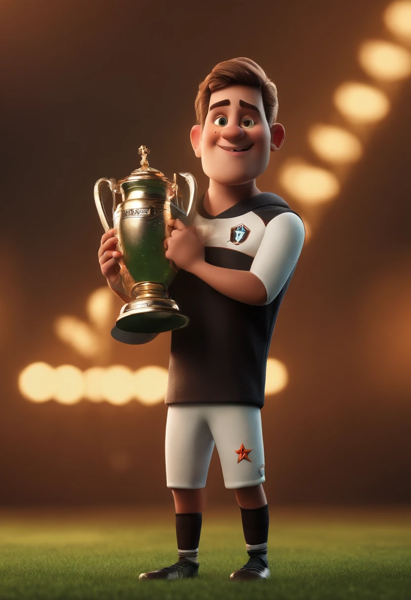Cartoon character of a young football player lifting a cup just like the Champions League, He's kissing the trophy, esta com um uniforme de futebol na cor preta, esta de lado , Personagem 3D, Personagem 3D, 3d rendering stylized, 3 d character render, personagem de desenho animado, Personagem de close up, Pose de personagem, (Estilo Pixar) (master part:1.2) (Bokeh) (best quality) (pele detalhada) (textura detalhada) (8k)