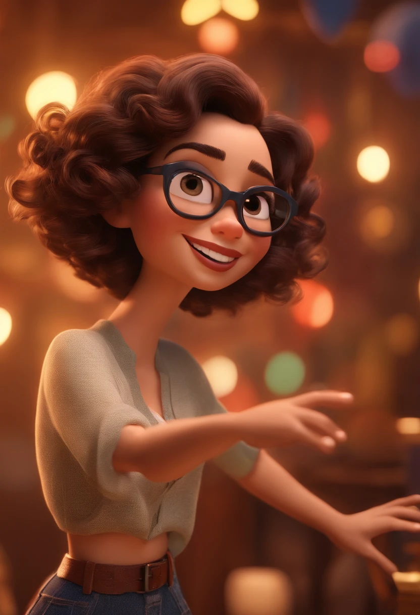 Pixar style image with 3D character white glasses brunette woman short curly hair dancing, Maquiagem Disney,Pescador, bonitinho, sorridente ,Close-up, Pixar, Disney, Cinema lighting,