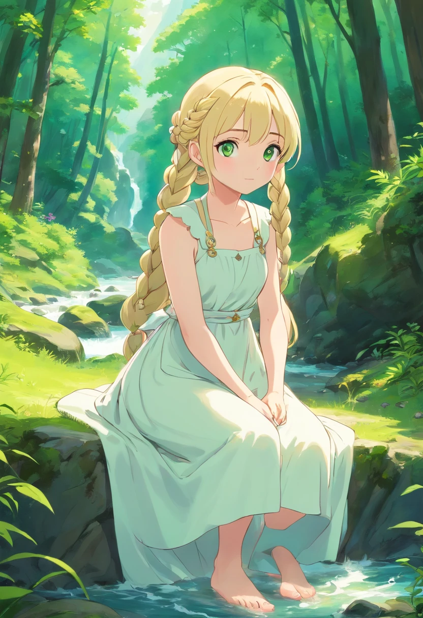 Pale girl with two blonde braids to the waist, light green eyes, In a white old dress and barefoot sits in the middle of the forest near a mountain river
