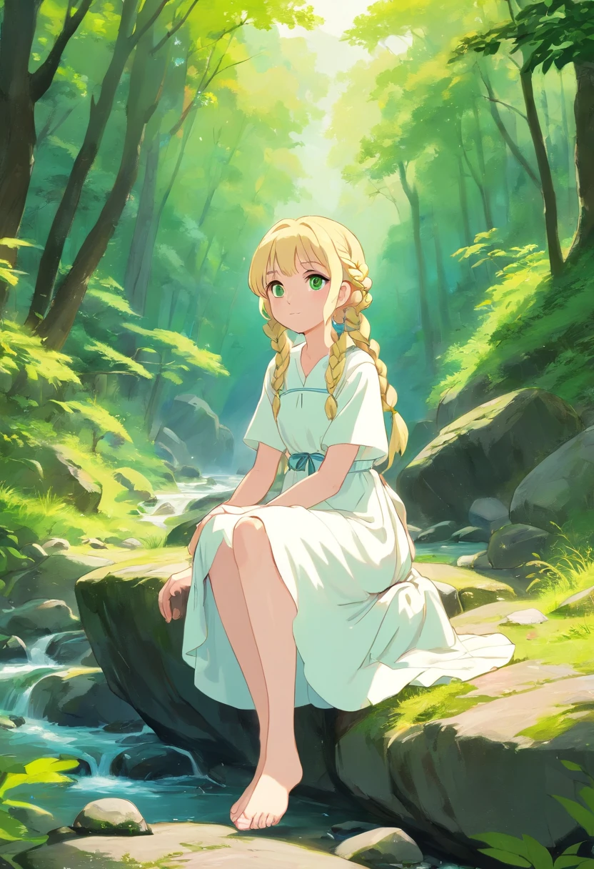 Pale girl with two blonde braids to the waist, light green eyes, In a white old dress and barefoot sits in the middle of the forest near a mountain river