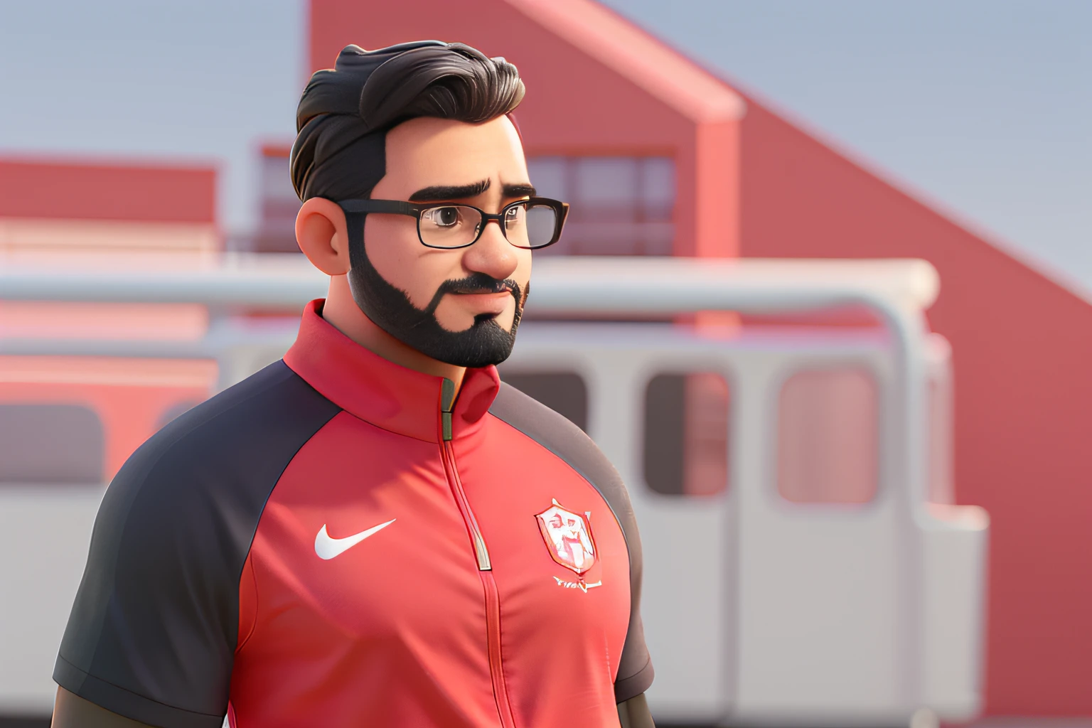 Poster 3d inspirado na Pixar um homem de 36 anos, aparenta ser mais novo, treinador de futebol, with a thin black beard and half-framed glasses, pele clara, olhos pretos medianos, nariz pequeno, cabelo preto curto ondulado, corte degrade, Diagonal hairstyle back to right with forehead indents, Small ears with a football stadium background wearing a football coach outfit black shirt FCSB SKA, parecido com o treinador Tite, scenecy: football stadium