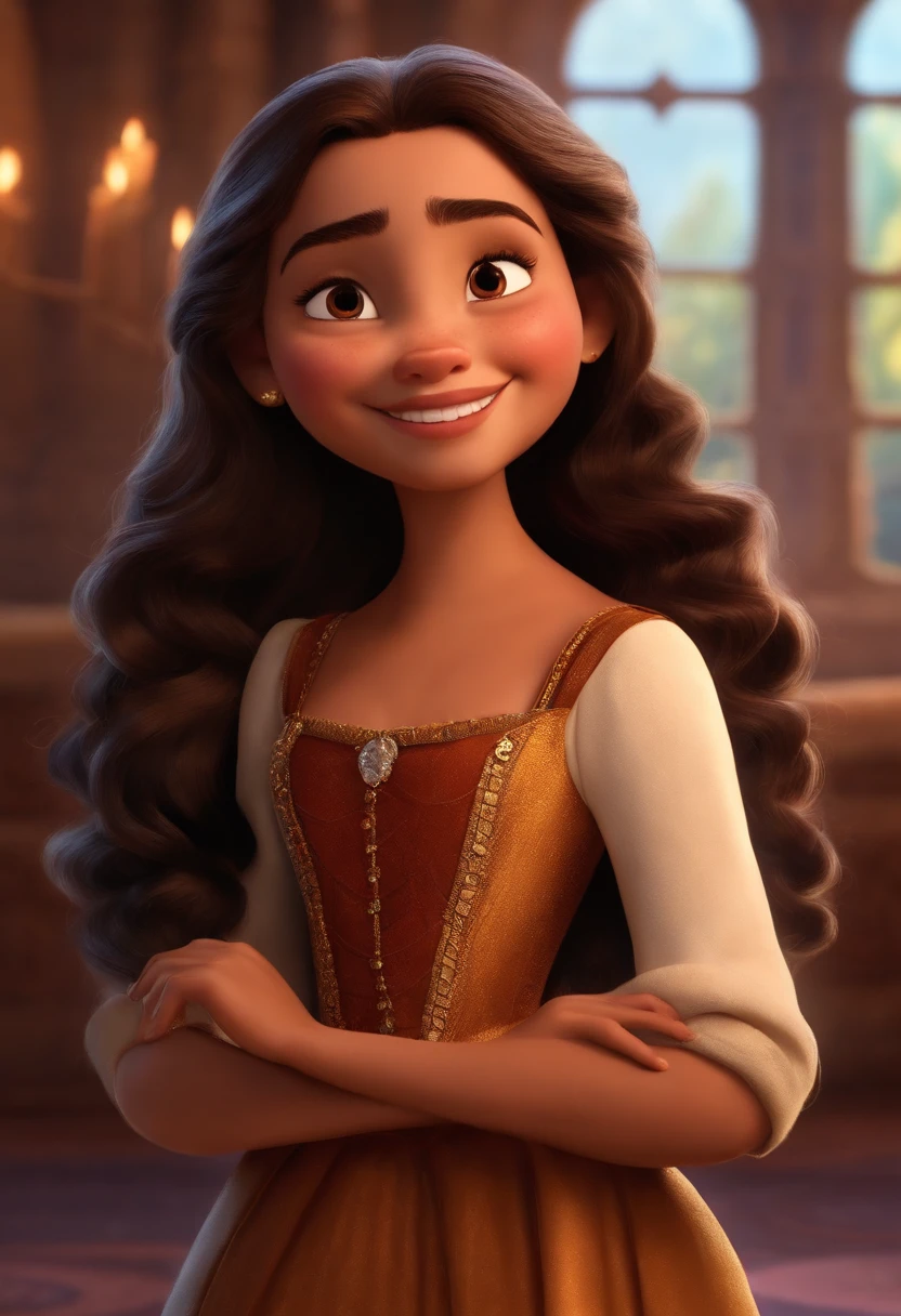 Personagem princesa branca disney pixar adolescente cabelo liso castanho olhos marrom de sorriso feliz rosto oval com castelo da disney de fundo