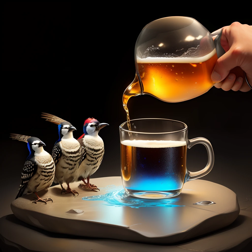 A beer mug is poured onto a stone. The beer is divided into three streams. The streams flow into three beaks of three woodpeckers.