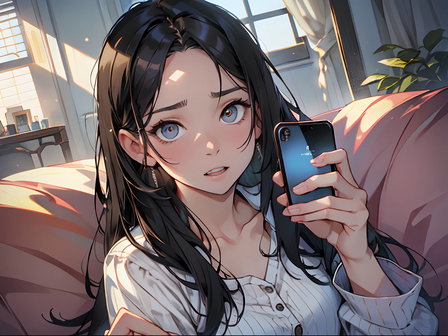 (A girl in pajamas with long black hair sitting on the sofa looking at the camera: 1.5) (holding a cell phone in your hand: 1.4) (olhos bem abertos: 1.3) (hands outstretched: 1.5) (joias requintadas, maquiagem bonita, linda , Temperamento: 1.5) (face with surprised expression: 1.5), master part, master part,