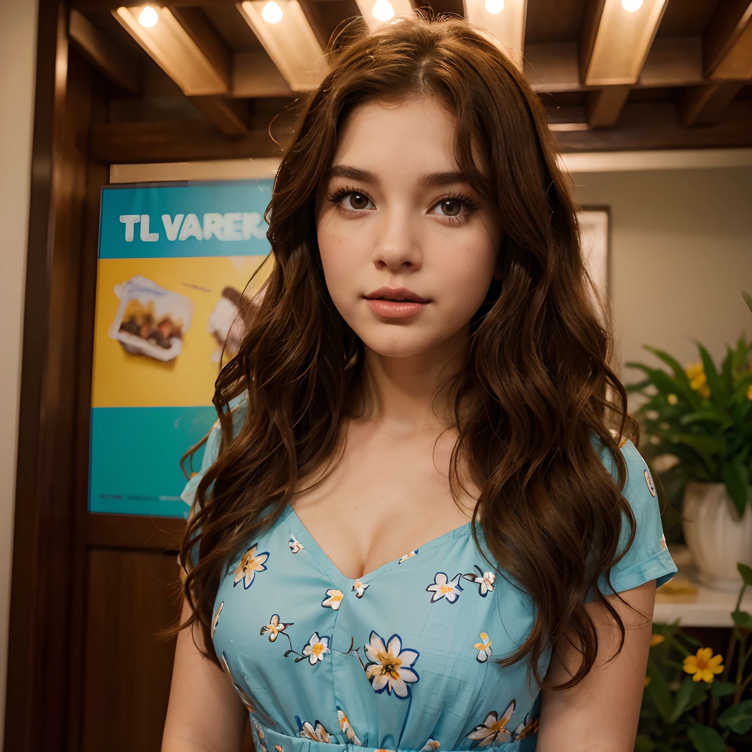 Create a Disney Pixar image of a woman with medium brown wavy hair  , with reddish brown eyes and thick lips , com um vestido de flores azul , cantando com o nanjom do BTS