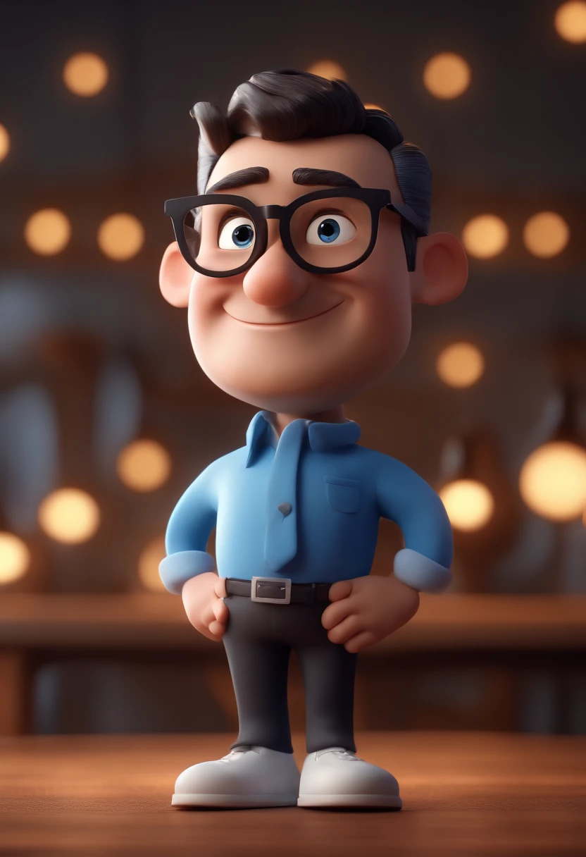 Cartoon character of a man with black glasses and a blue shirt, animation character, Caractere estilizado, animation style rendering, 3D estilizado, Arnold Maya render, 3 d render stylized, toon render keyshot, Personagem 3D, Personagem 3D, 3d rendering stylized, 3 d character render, personagem de desenho animado, Personagem de close up, Pose de personagem, (Estilo Pixar) (master part:1.2) (Bokeh) (best quality) (pele detalhada) (textura detalhada) (8k) (argila) (Cinematic lighting) (foco nítido