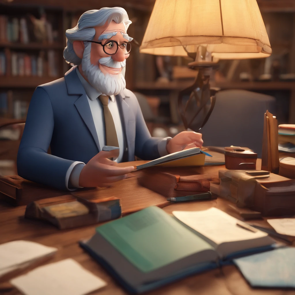 Crie um cartaz inspirado na Disney Pixar com o personagem sendo o pastor Rubens Janier, A gray-haired man wearing glasses, in an office with a Bible on the table