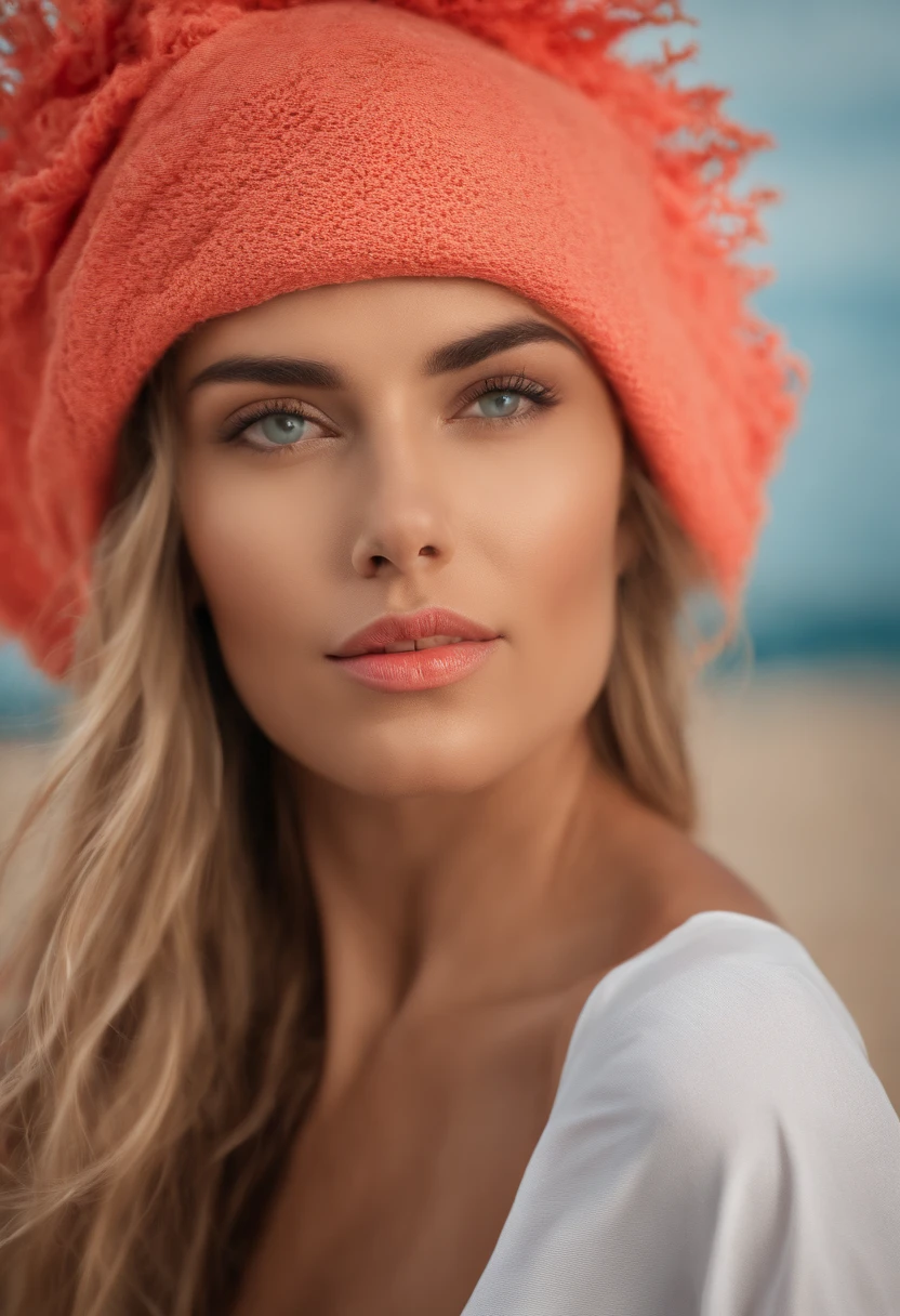(((Cuerpo completo)))(((con una camiseta de color coral ajustada)))((sin ropa interior))La mejor calidad,8k,Altas Resoluciones,Ultra detallado,realista,retrato,hermosos ojos detallados,hermosos labios detallados,long eyeslashes,artistic ,Soft lighting,Belleza natural,Pose natural,vivid colors,fondo sutil,elegante,Fine Art Photography en la playa (((corriendo)))