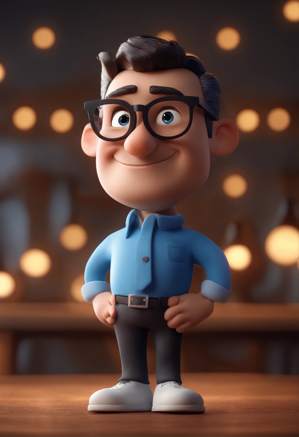 Cartoon character of a man with black glasses and a blue shirt, animation character, Caractere estilizado, animation style rendering, 3D estilizado, Arnold Maya render, 3 d render stylized, toon render keyshot, Personagem 3D, Personagem 3D, 3d rendering stylized, 3 d character render, personagem de desenho animado, Personagem de close up, Pose de personagem, (Estilo Pixar) (master part:1.2) (Bokeh) (best quality) (pele detalhada) (textura detalhada) (8k) (argila) (Cinematic lighting) (foco nítido
