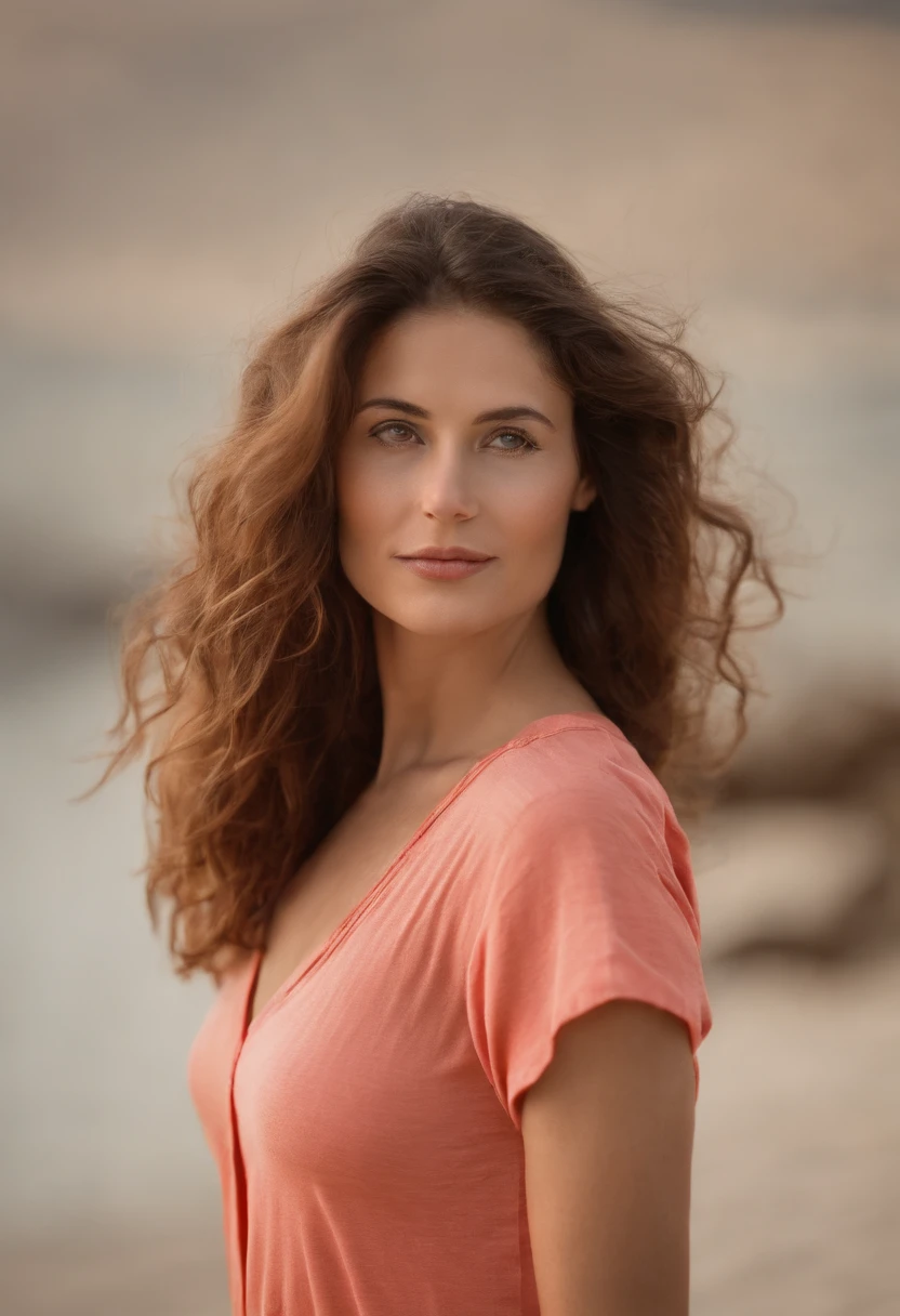 (((Cuerpo completo)))(((con una camiseta de color coral ajustada)))((sin ropa interior))La mejor calidad,8k,Altas Resoluciones,Ultra detallado,realista,retrato,hermosos ojos detallados,hermosos labios detallados,long eyeslashes,artistic ,Soft lighting,Belleza natural,Pose natural,vivid colors,fondo sutil,elegante,Fine Art Photography en la playa (((corriendo)))