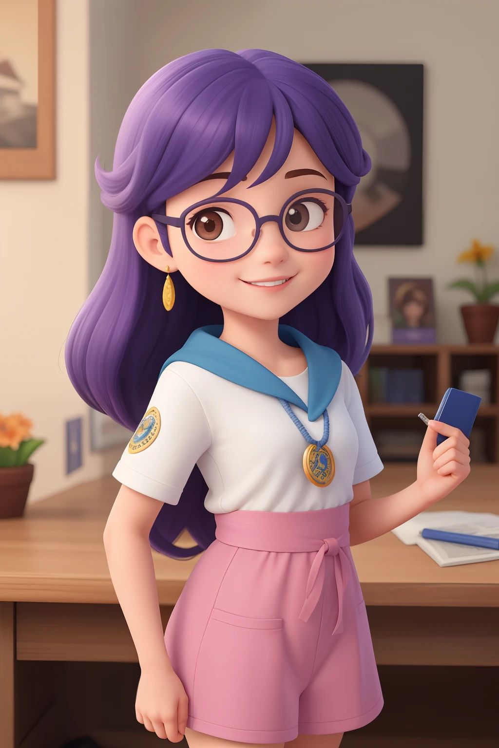 Uma menina caucasiana de 7 anos, com os cabelos acobreados, com dois coques no cabelo, um de cada lado; olhos da cor do cabelo, wearing prescription glasses, with pink frame; tendo duas covinhas, uma de cada lado das bochechas; sorrindo; usando uma blusa azul-clara e uma saia azua-marinho; She wears a badge that has blue rope on it, pendurando uma placa branca que contem a imagem do rosto desta menina na parte superior da placa e o nome LUNA na parte inferior desta placa.