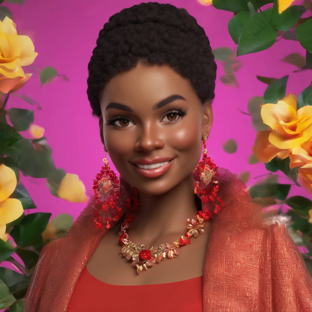 (extremamente detalhado CG unidade 8k papel de parede, master part, best quality, ultra-detalhado), (best ilumination, Melhor sombra), Mulher espanhola de 45 anos, maduro, face quadrada, wearing 1 red rose on the neck of the necklace, usando vestido de renda preto com vermelho, brincos dourados, Features as a Maria Padilla, (pele altamente detalhada: 1.2), Medium brown hair loose with lights