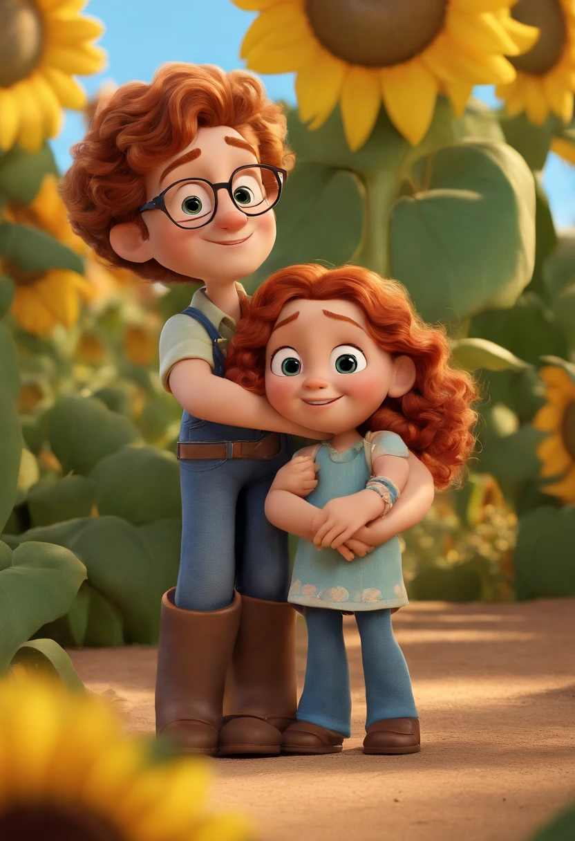 Create a Disney PIXAR-style 3D poster. ((centro da imagem, fami)), ((3 pessoas)) ((1 Child)) ((They're hugging each other, O menino tem pele castanha e cabelos castanhos escuros e olhos castanhos escuros, The father is blond with green eyes, He has a beard and wears glasses, The mother is a redhead with curly and very long hair, wears glasses and has a septum piercing)) ((tudo isso no estilo Disney PIXAR 3D, In the background, A house of sunflowers, Gloria Studio, The garden is full of nature 3D render RTX clay material, estilo de design cartunesco, POP Mart, soft lighting, linhas suaves, Spring tilt, Detailed illustrations of PIXAR 3D, Detalhes hiper-realistas, cor quente no estilo Disney PIXAR 3D))