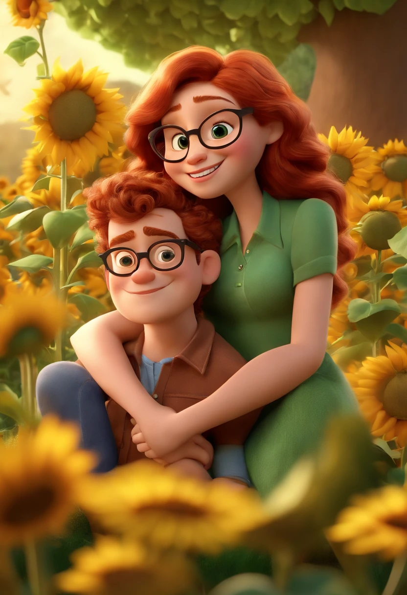 Create a Disney PIXAR-style 3D poster. ((centro da imagem, fami)), ((3 pessoas)) ((1 Child)) ((They're hugging each other, O menino tem pele castanha e cabelos castanhos escuros e olhos castanhos escuros, The father is blond with green eyes, He has a beard and wears glasses, The mother is a redhead with curly and very long hair, wears glasses and has a septum piercing)) ((tudo isso no estilo Disney PIXAR 3D, In the background, A house of sunflowers, Gloria Studio, The garden is full of nature 3D render RTX clay material, estilo de design cartunesco, POP Mart, soft lighting, linhas suaves, Spring tilt, Detailed illustrations of PIXAR 3D, Detalhes hiper-realistas, cor quente no estilo Disney PIXAR 3D))