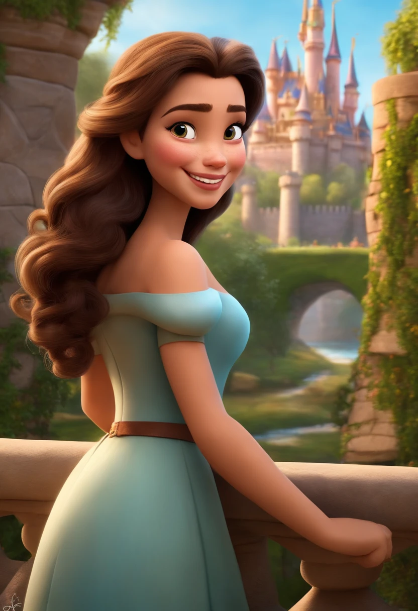 Personagem princesa branca disney pixar menina adolescente cabelo liso castanho olhos marrom de sorriso feliz rosto oval com castelo da disney de fundo