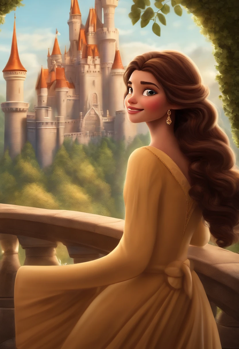 Personagem princesa branca disney pixar menina adolescente cabelo liso castanho olhos marrom de sorriso feliz rosto oval com castelo da disney de fundo