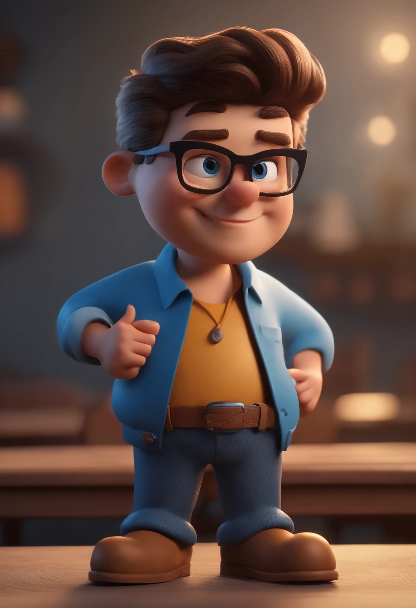 Cartoon character of a man with black glasses and a blue shirt, animation character, Caractere estilizado, animation style rendering, 3D estilizado, Arnold Maya render, 3 d render stylized, toon render keyshot, Personagem 3D, Personagem 3D, 3d rendering stylized, 3 d character render, personagem de desenho animado, Personagem de close up, Pose de personagem, (Estilo Pixar) (master part:1.2) (Bokeh) (best quality) (pele detalhada) (textura detalhada) (8k) (argila) (Cinematic lighting) (foco nítido