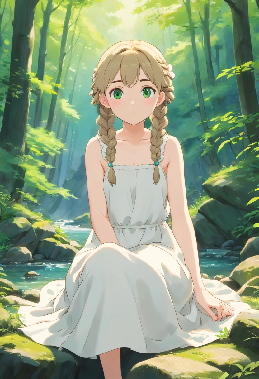 Pale girl 20 years old, with two waist-length dark blonde braids, gray-green eyes, In a white old dress and barefoot sits in the middle of the forest near a mountain river