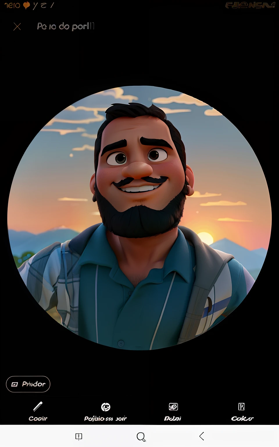 Poster no estilo Disney pixar, alta qualidade, melhor qualidade, homem jovem, pardo 26 anos, cabelo preto, barba preta, , com fundo de um por do sol