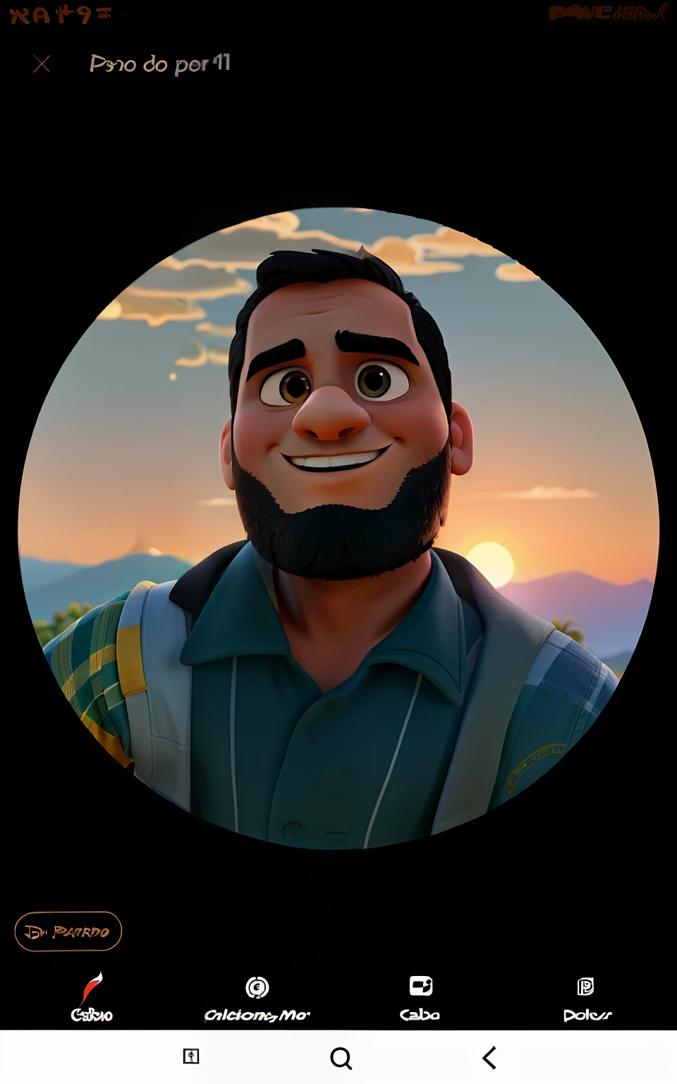 Poster no estilo Disney pixar, alta qualidade, melhor qualidade, homem jovem, pardo 26 anos, cabelo preto, barba preta, , com fundo de um por do sol