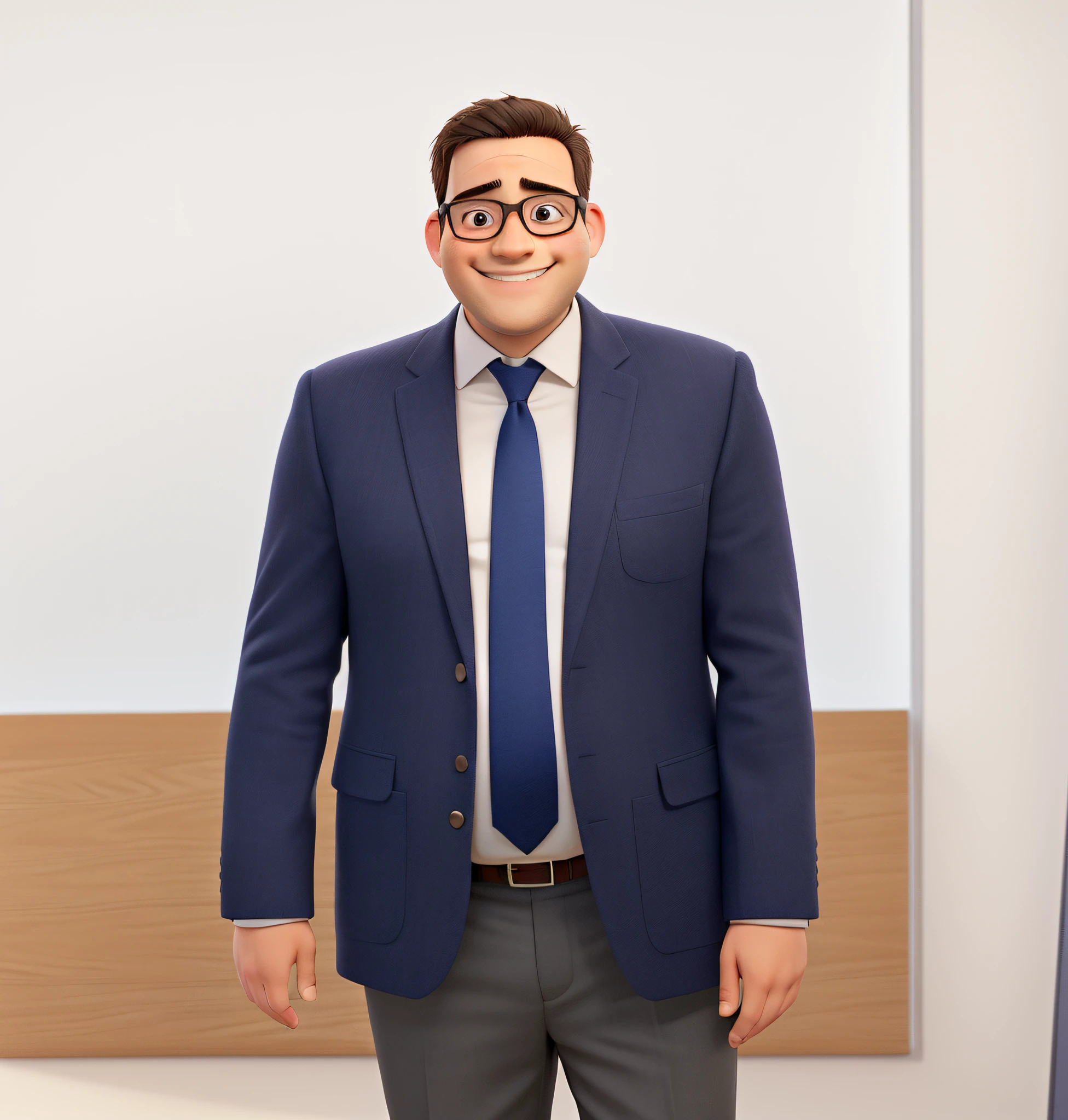He's big-bellied, he's smiling, he's in a classroom, he's wearing glasses and his right eye is half closed.