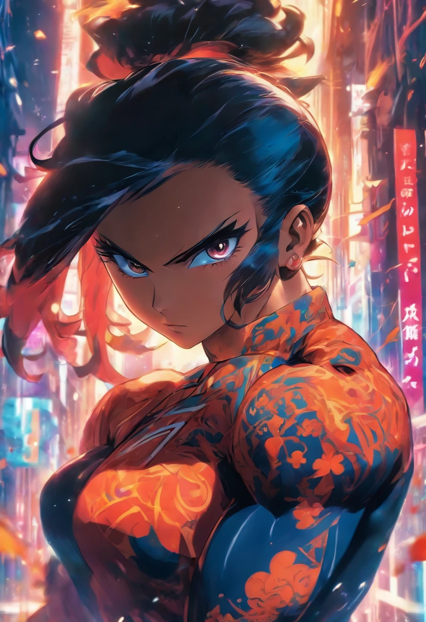 Muscular woman, Black hair, Black eyes, tall body, Small face, Short hair, Side buns, Fantasy outfit, Neutral Expression,