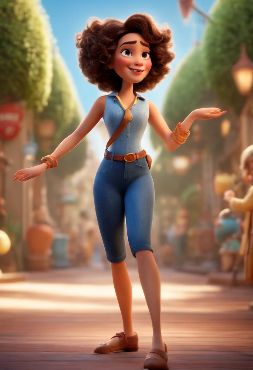 Pixar style image with 3D character white glasses brunette woman short curly hair dancing, Maquiagem Disney,Pescador, bonitinho, sorridente ,Close-up, Pixar, Disney, Cinema lighting,