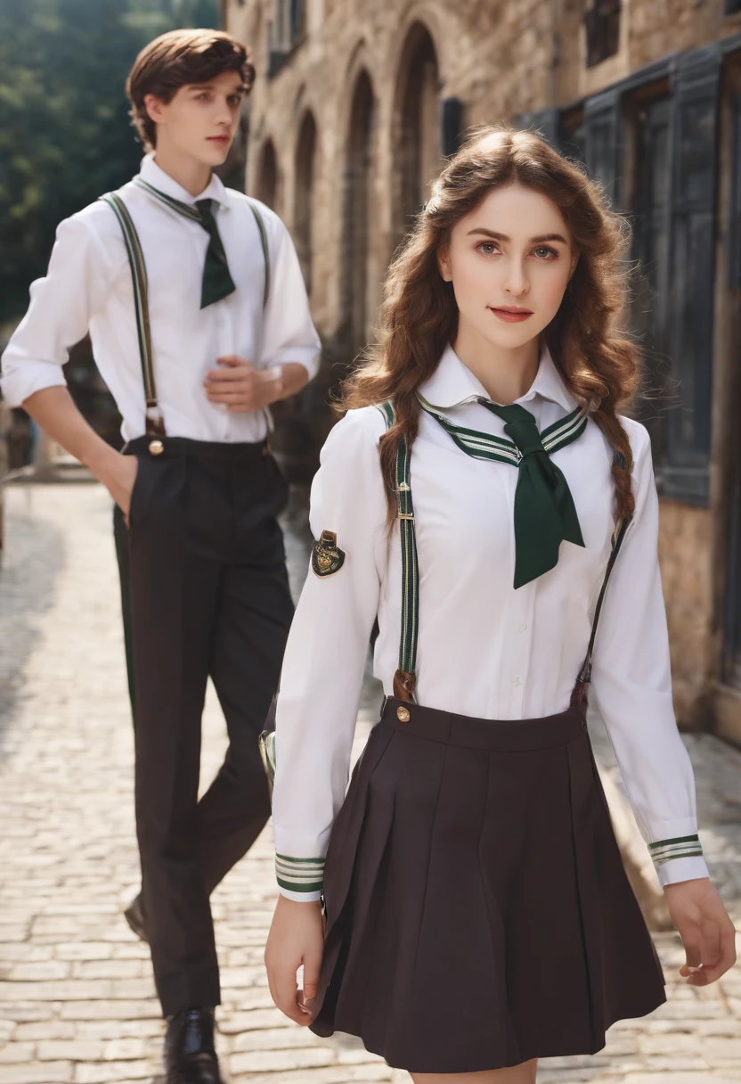 europe school uniform, suit, male and female, side by side