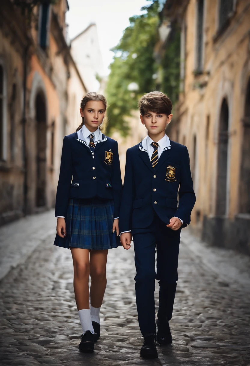 europe school uniform, suit, male and female, side by side