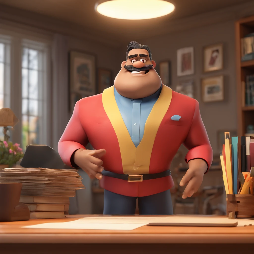 Crie um cartaz inspirado na Disney Pixar com o personagem sendo o pastor Luciano dias, Um homem de cabelos castanhos de corte baixo, in an office with a Bible on the table