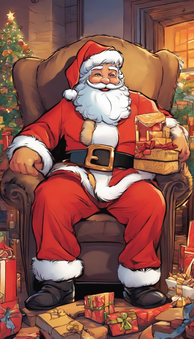 Santa Claus happy, with golden lights around mesitting in an armchair with gifts around, pixar style, coca cola santa claus