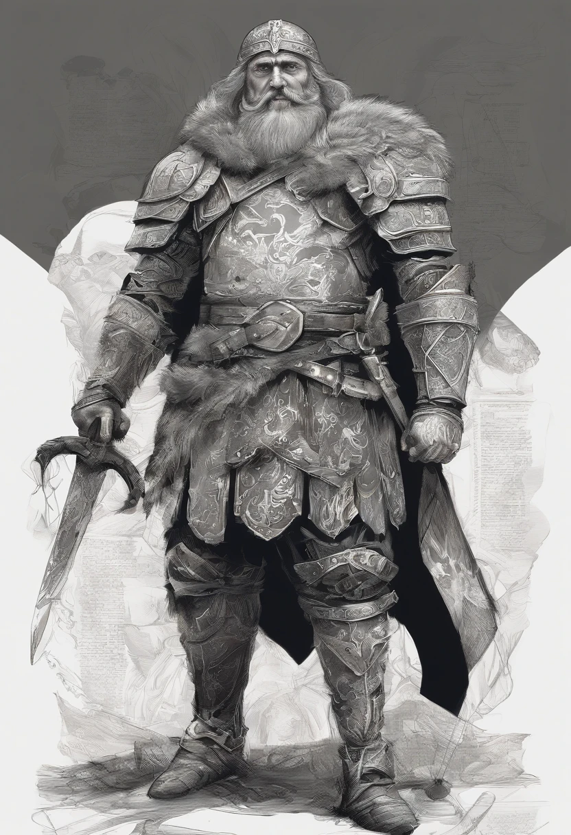 Grand homme viking, Armure détaillée, cuirasse en cuir gravé ancien, des motifs complexes sur la cuirasse, gravures complexes de cuirasse, Posture imposante et puissante, expression féroce, crinière sauvage rousse tressée cheveux et barbe, pose dynamique, Scène de bataille intense, Cadre fantastique, couleurs éclatantes, éclairage dramatique, Ambiance épique, Des créatures mythiques en arrière-plan, Épée et bouclier viking, Attention à l’anatomie et aux traits du visage, Utilisation iconique des hautes lumières et des ombres, Capturer l’émotion, Composition magistrale, image en noir et blanc