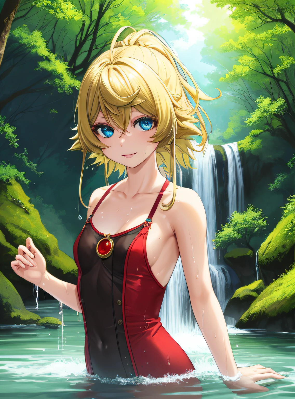 (best quality,4k,8k,highres,masterpiece:1.2),ultra-detailed,realistic,beautiful girl,bathing,near clear cool waterfall,wet hair,water droplets on skin,lush green surroundings,sunlight filtering through trees,sparkling water,misty atmosphere,vibrant colors,natural scenery,serene and peaceful,ethereal beauty,portrait,pure joy,dream-like ambiance, Tanya,