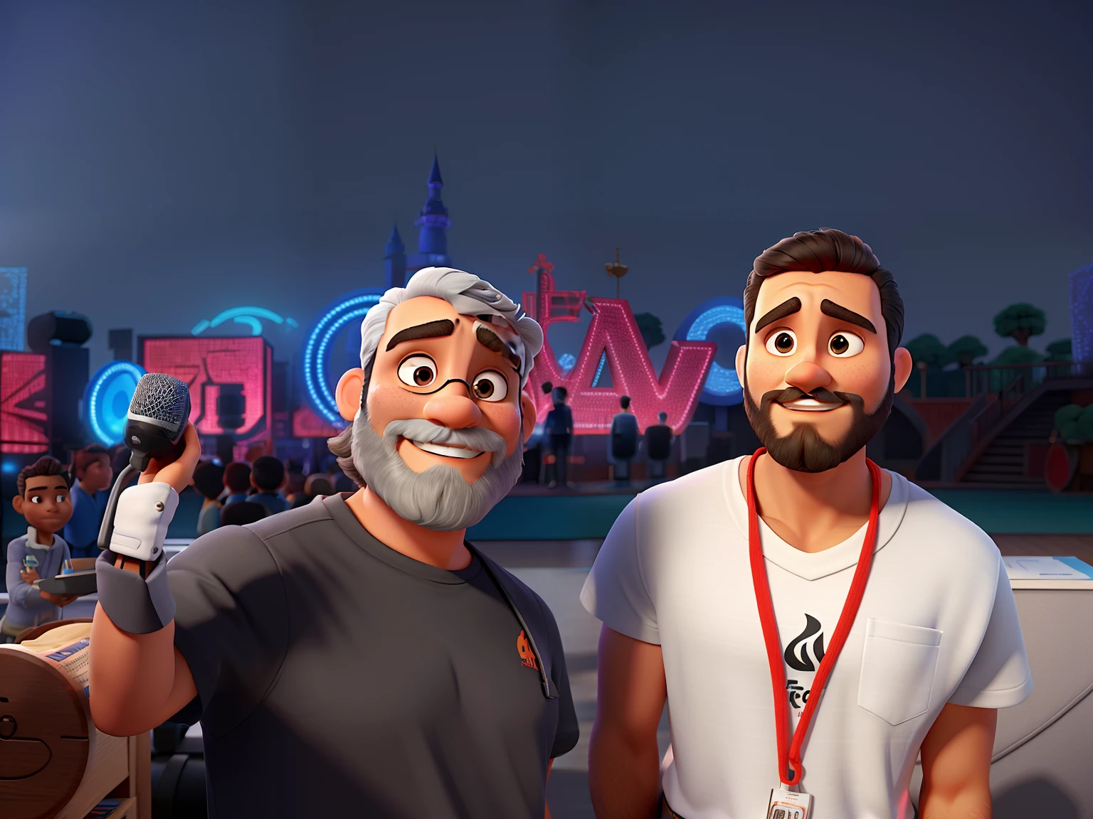 Pode melhorar barba mais rala com uns fios brancos, Make Full Body That Appear White Redley Shoes. Man stands black background on a speaker-type stage with microphone in one hand and book in the other in Disney pixar style best quality, maior qualidade.