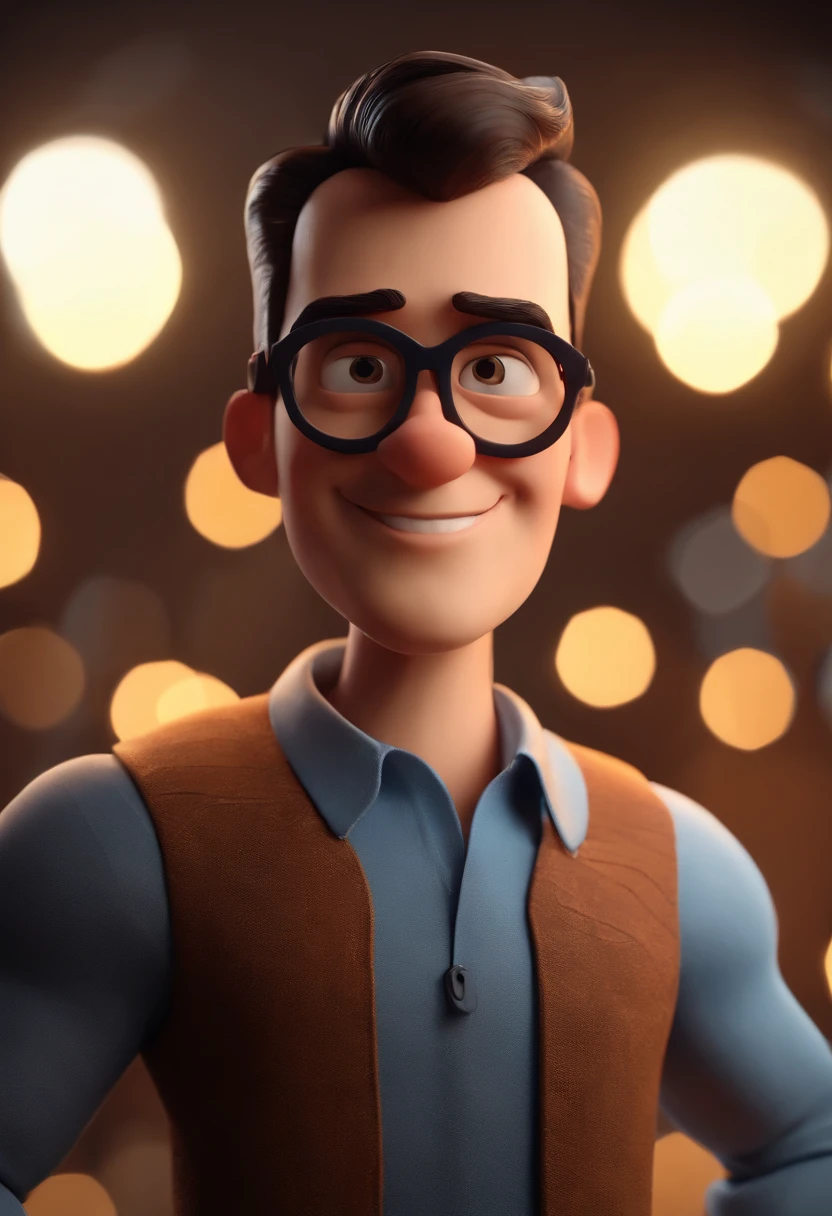 Cartoon character of a man wearing black glasses and a blue shirt, um personagem animado, Caractere estilizado, animation style rendering, 3D estilizado, Arnold Maya render, 3 d render stylized, toon render keyshot, Personagem 3D, Personagem 3D, 3d rendering stylized, 3 d character render, personagem de desenho animado, Personagem de close up, Pose de personagem, (Estilo Pixar) (master part:1.2) (Bokeh) (best quality) (pele detalhada) (textura detalhada) (8k) (argila) (Cinematic lighting) (foco nítido,Senta e vaza a parte superior do corpo