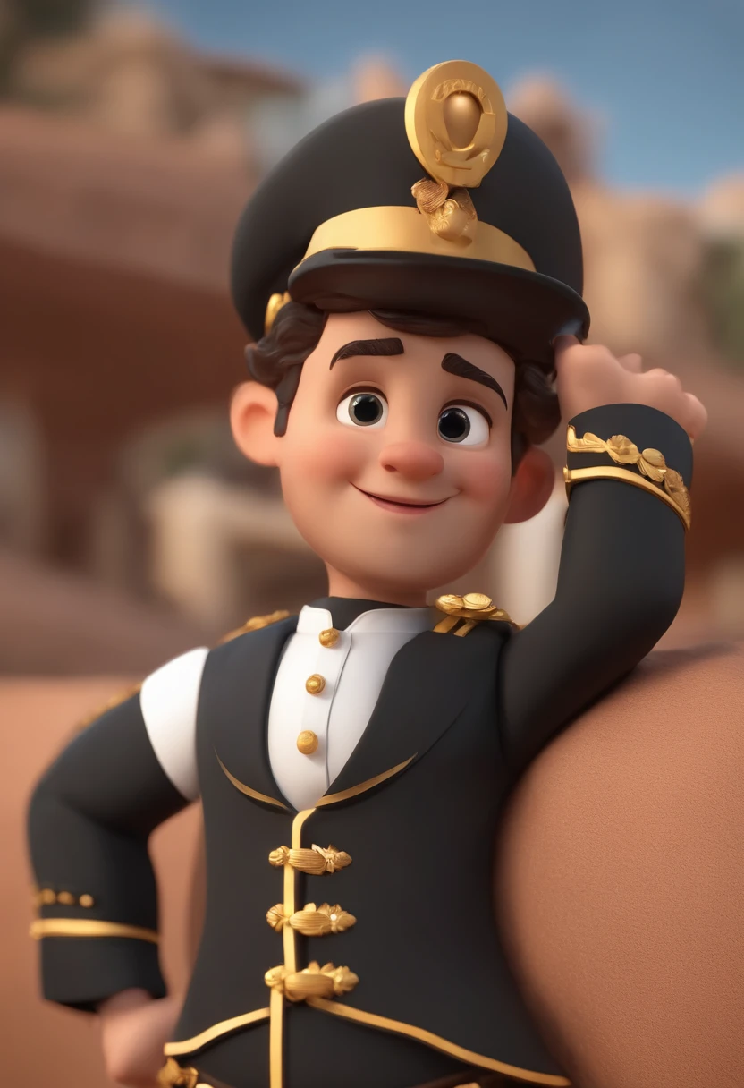 personagem dos desenhos animados de um homem com cabelos brancos do lado, barbas branca grandes,  Wearing a Black Uniform with Medals Animation Character, Character's name is Marechal Deodoro da Fonseca Stylized character, animation style rendering, 3D estilizado, Arnold Maya render, 3 d render stylized, toon render keyshot, Personagem 3D, Personagem 3D, 3d rendering stylized, 3 d character render, personagem de desenho animado, Personagem de close up, Pose de personagem,  (Estilo Pixar) (master part:1.2) (Bokeh) (best quality) (pele detalhada) (textura detalhada) (8k) (argila) (Cinematic lighting) (foco nítido