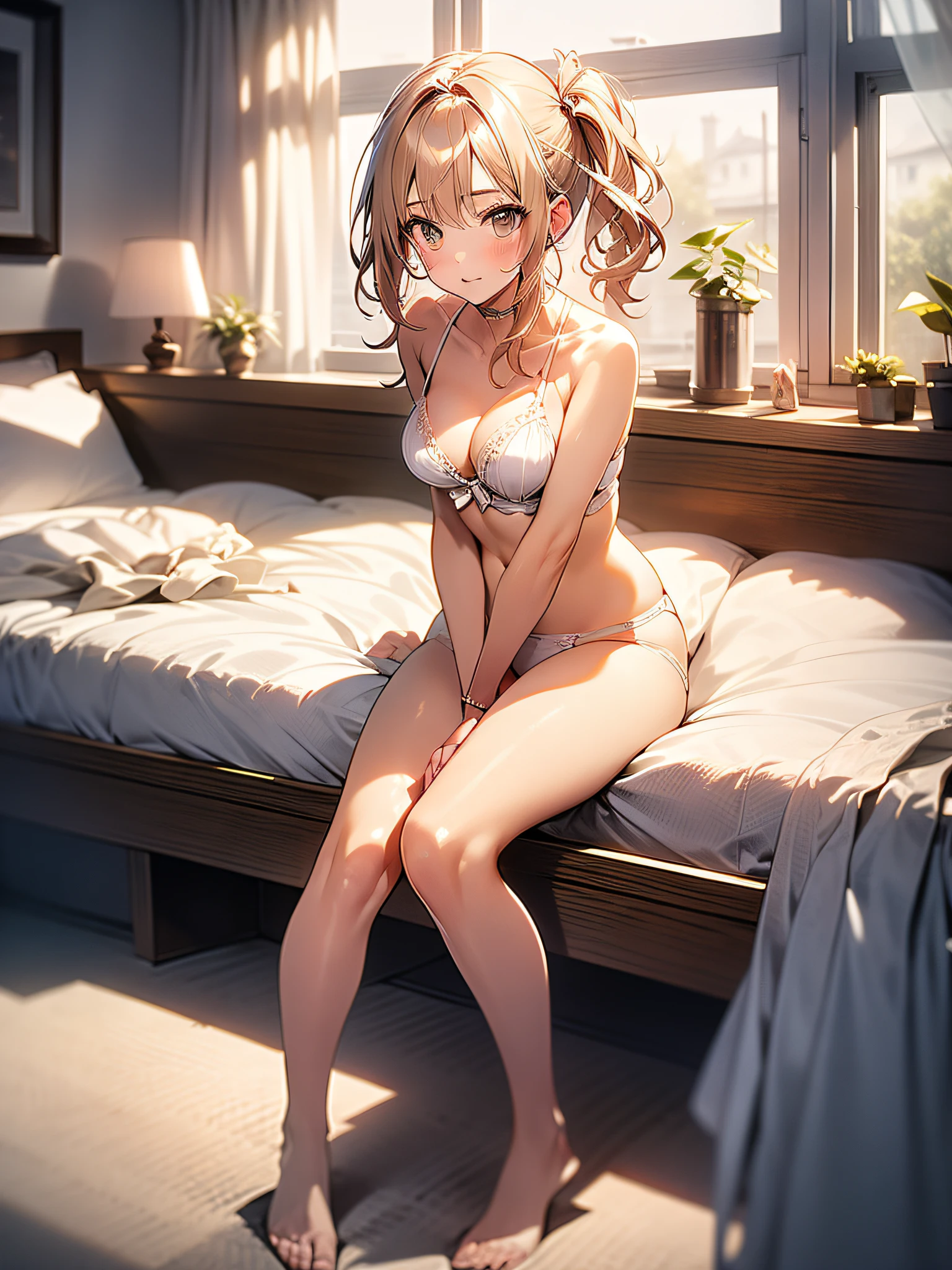 in 8K、top-quality、​masterpiece、ultra-detailliert、Ultra-high resolution、((1 persons))、girl with、a blond、Twin-tailed、Medium chest、(((on the beds)))、Red face、White underwear、hiding chest with hands