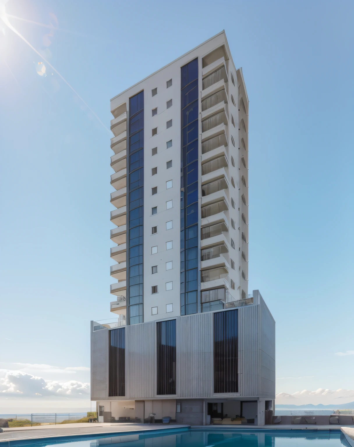 Luxury building on a sunny day, Open Space Loft Villa de vidro, moderno, Dynamic (Foto RAW, real, melhor qualidade, piece of master:1.2), (Ultra photo realism, realista:1.2), alta qualidade, (Bright Sunny Day Lighting:1.2), Uplighting, Layout, varandas, blue sky, sem nuvens, dia ensolarado, 12:00h, sol de cima