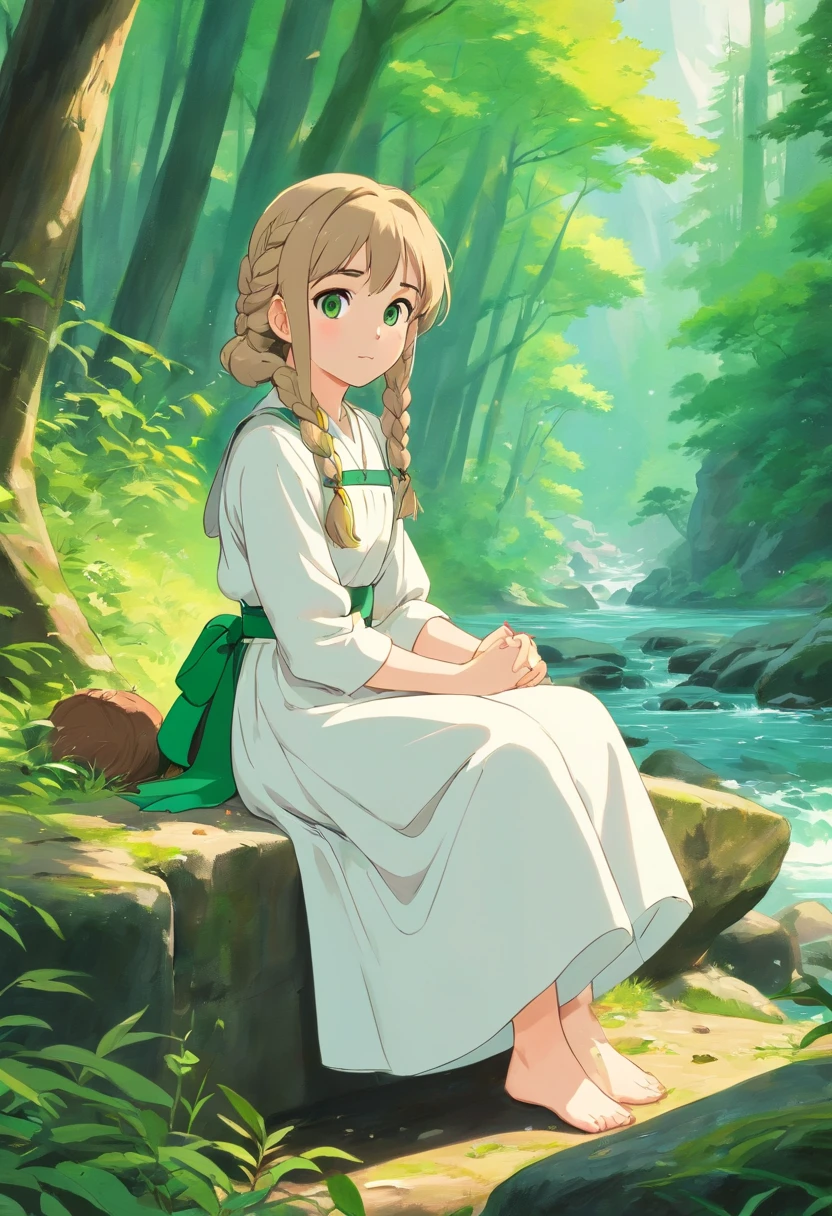 Pale girl 20 years old, with two waist-length dark blonde braids, gray-green eyes, in a white vintage dress with a green belt, and sits barefoot in the middle of the forest by a mountain river