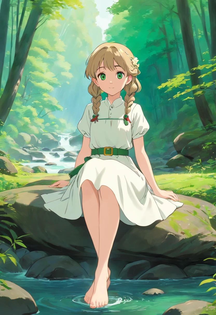 Pale girl 20 years old, with two waist-length dark blonde braids, gray-green eyes, in a white vintage dress with a green belt, and sits barefoot in the middle of the forest by a mountain river