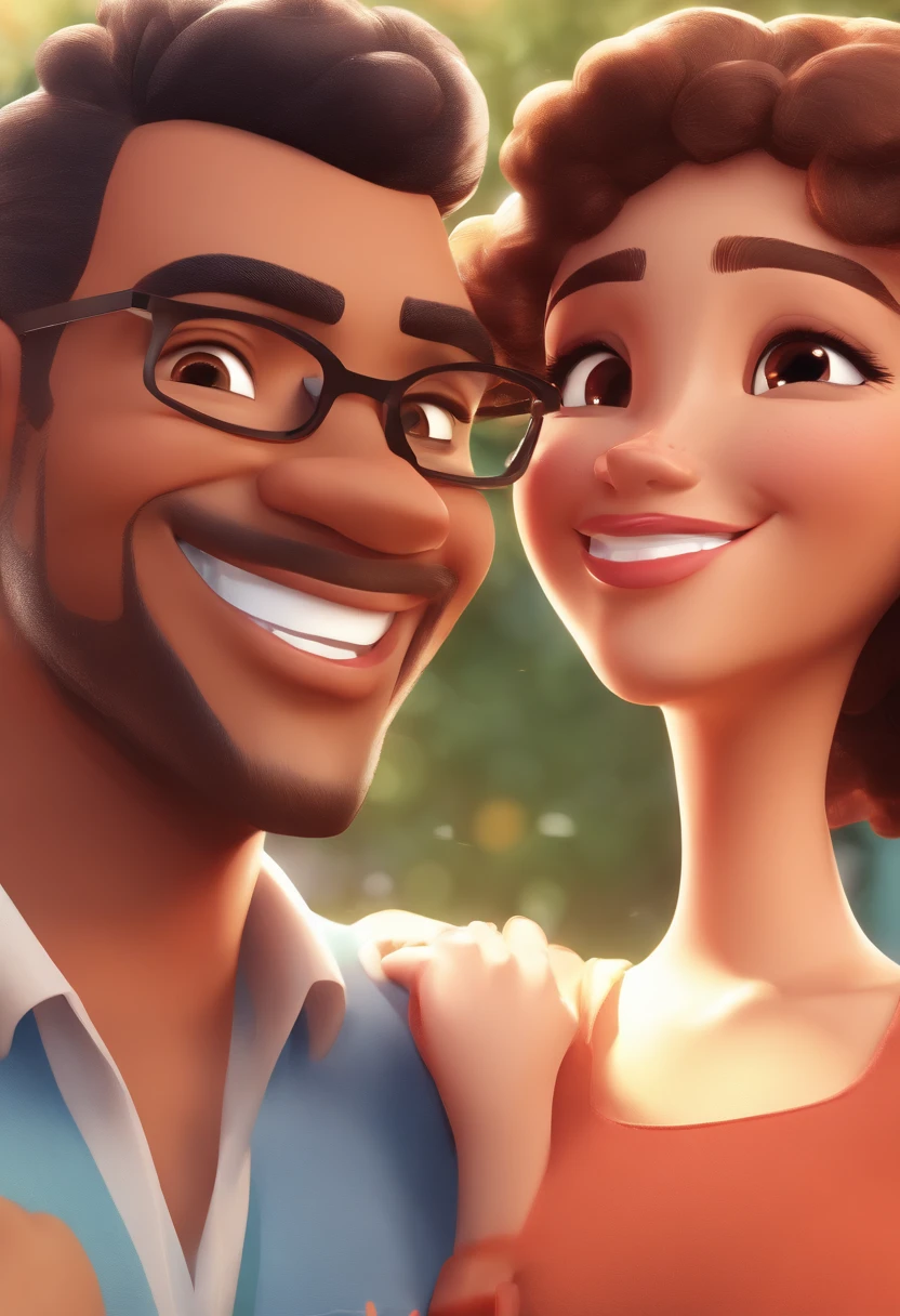 An illustration of an adorable couple, Highlight for a chubby mulatto man with glasses smiling and a brunette woman with beautiful expressive eyes - the man's skin is mulatto and the man's hair haswhile the woman's skin is black and the woman's hair is straight and brown. They are a bright room, cada um com um sorriso no rosto, e compartilhar um momento especial caracterizado pelo amor, Insights. Illustrate this scene from a perspective where they are facing the camera, Smiling and Showing Your Connection. Desenvolva esta arte em Full HD, Focus on your cinematic touch, Estilo Disney Pixar Animations