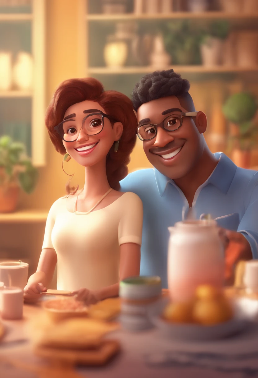 An illustration of an adorable couple, Highlight for a chubby mulatto man with glasses smiling and a brunette woman with beautiful expressive eyes - the man's skin is mulatto and the man's hair haswhile the woman's skin is black and the woman's hair is straight and brown. They are a bright room, cada um com um sorriso no rosto, e compartilhar um momento especial caracterizado pelo amor, Insights. Illustrate this scene from a perspective where they are facing the camera, Smiling and Showing Your Connection. Desenvolva esta arte em Full HD, Focus on your cinematic touch, Estilo Disney Pixar Animations